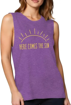 Here Comes The Sun Shirts Womens Sunshine Coffee Graphic Tank Top Sleeveless Tee