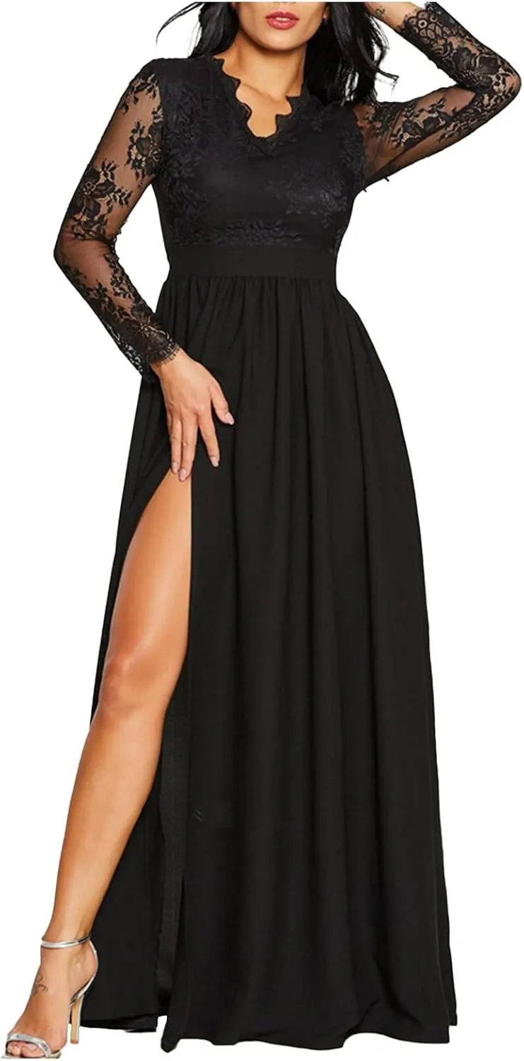 High Slit Dress Fitted Prom Dresses Formal Gala Dresses Lace Sleeve Floor Length Long Maxi Chiffon Evening Gown S-2XL