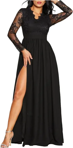 High Slit Dress Fitted Prom Dresses Formal Gala Dresses Lace Sleeve Floor Length Long Maxi Chiffon Evening Gown S-2XL