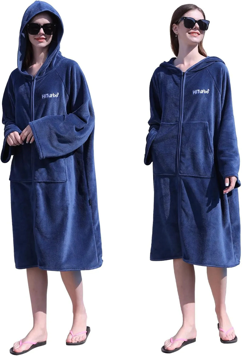 Hiturbo Surf Poncho Zipper Towel Hoodie: Oversized Hooded Wetsuit Changing Robe with Pocket - Plush Coral Fleece Swimwear for Home Beach Pool Bath - Navy
