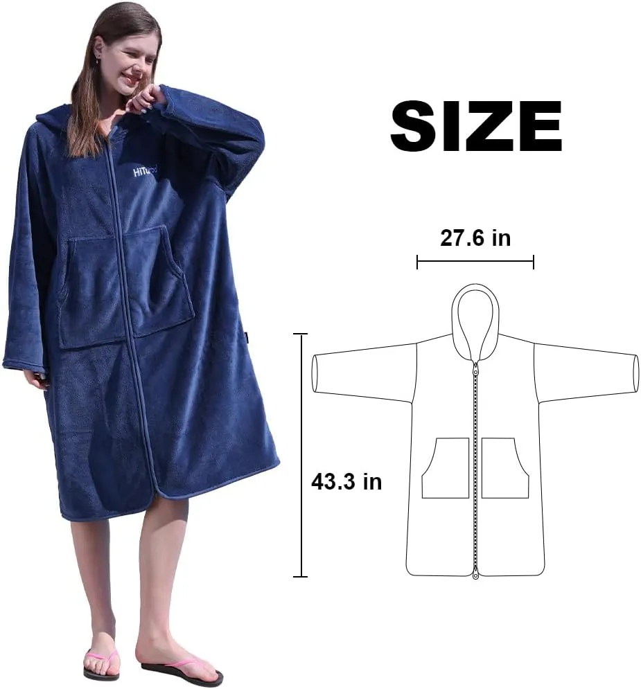 Hiturbo Surf Poncho Zipper Towel Hoodie: Oversized Hooded Wetsuit Changing Robe with Pocket - Plush Coral Fleece Swimwear for Home Beach Pool Bath - Navy
