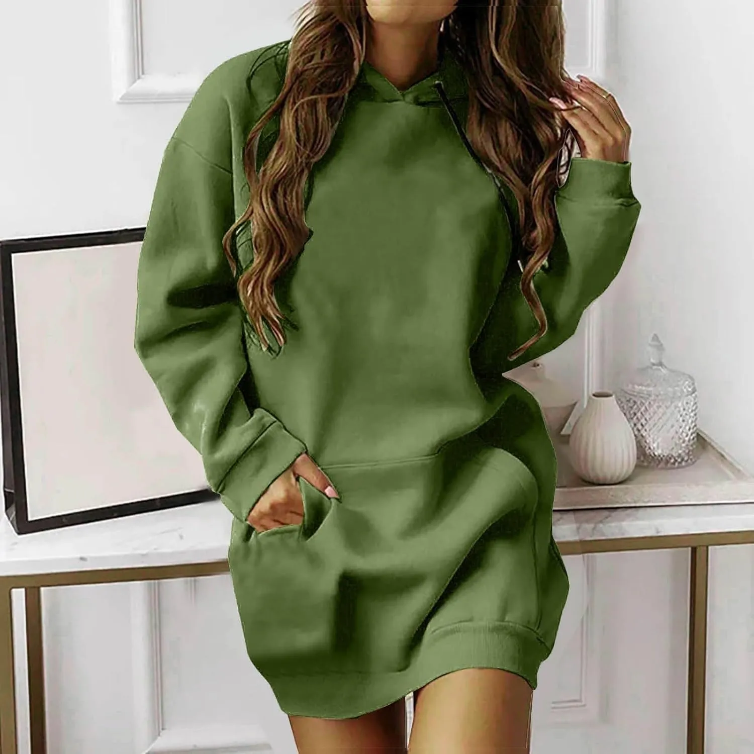 Hoodie Dress for Women Oversized Hooded Pullover Long Sleeve Sweatshirts Casual Fall Winter Hoodies Dress with Pocket