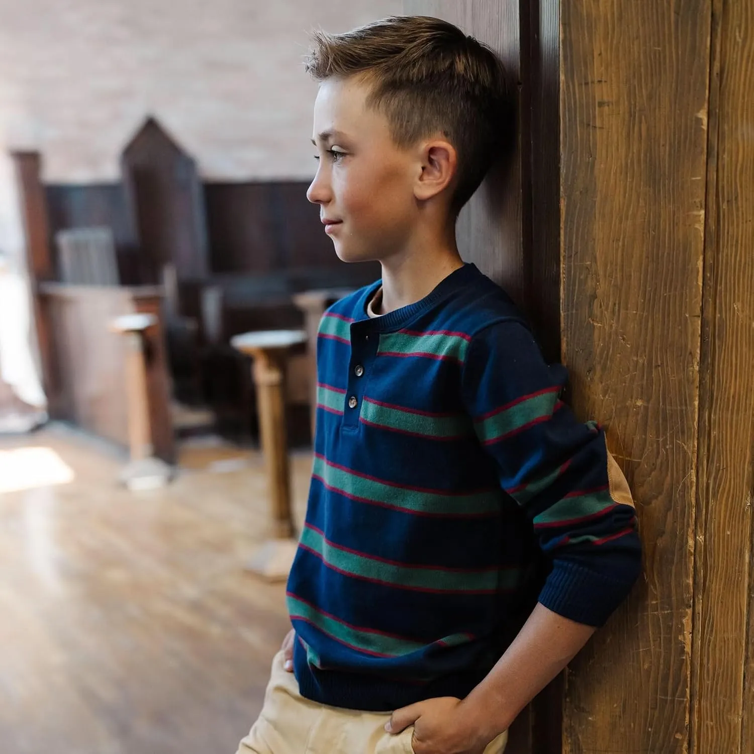 Hope & Henry Boys' Long Sleeve Henley Pullover Sweater