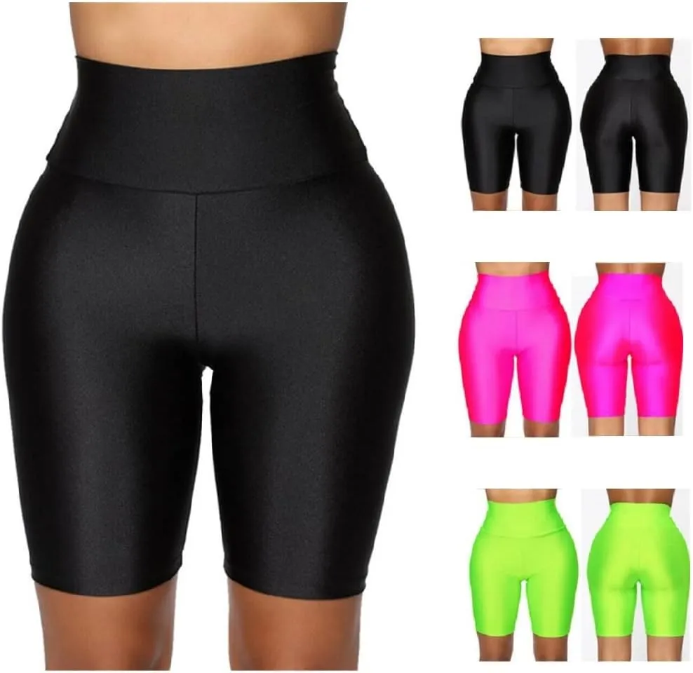 Hupplle Women's Neon Shiny Biker Shorts High Waisted Stretchy Athletic Cycling Shorts Workout Running Active Shorts