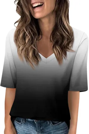 HXHYQKP Elbow Length Tops for Women V Neck T Shirts Casual Half Sleeve Tops Basic Summer Tees