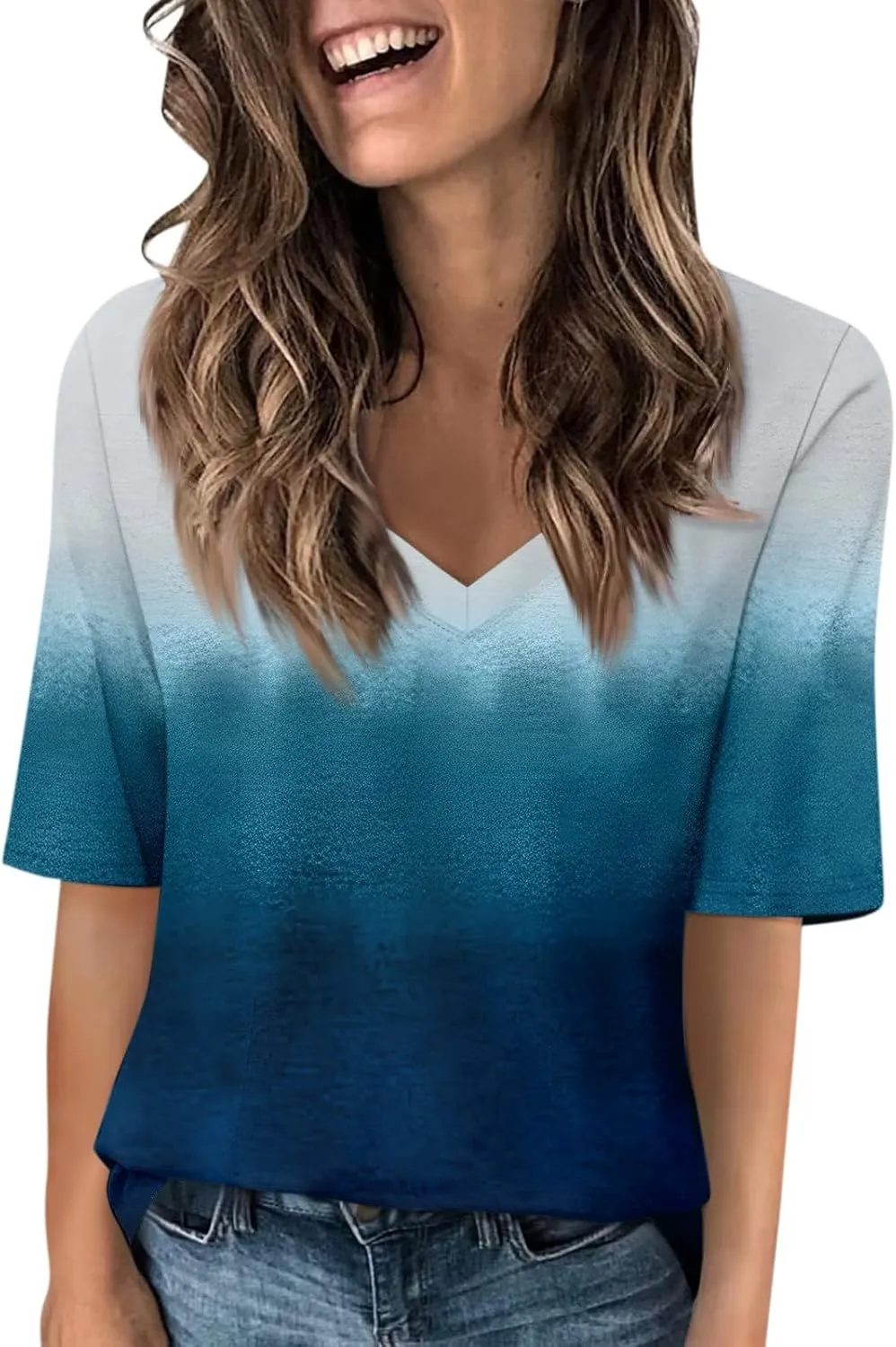 HXHYQKP Elbow Length Tops for Women V Neck T Shirts Casual Half Sleeve Tops Basic Summer Tees