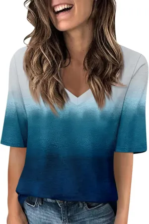 HXHYQKP Elbow Length Tops for Women V Neck T Shirts Casual Half Sleeve Tops Basic Summer Tees