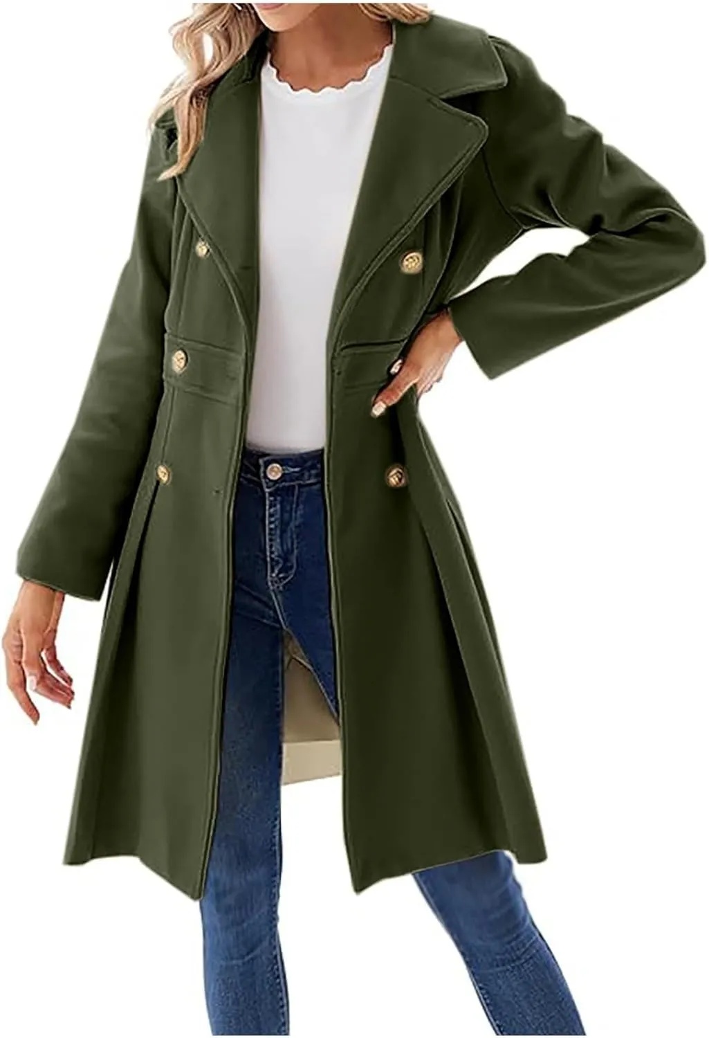 HXHYQKP Winter Coats for Women Breasted Trenchcoats Double Breasted Long Wool Pea Coat Notch Lapel Trench Coat
