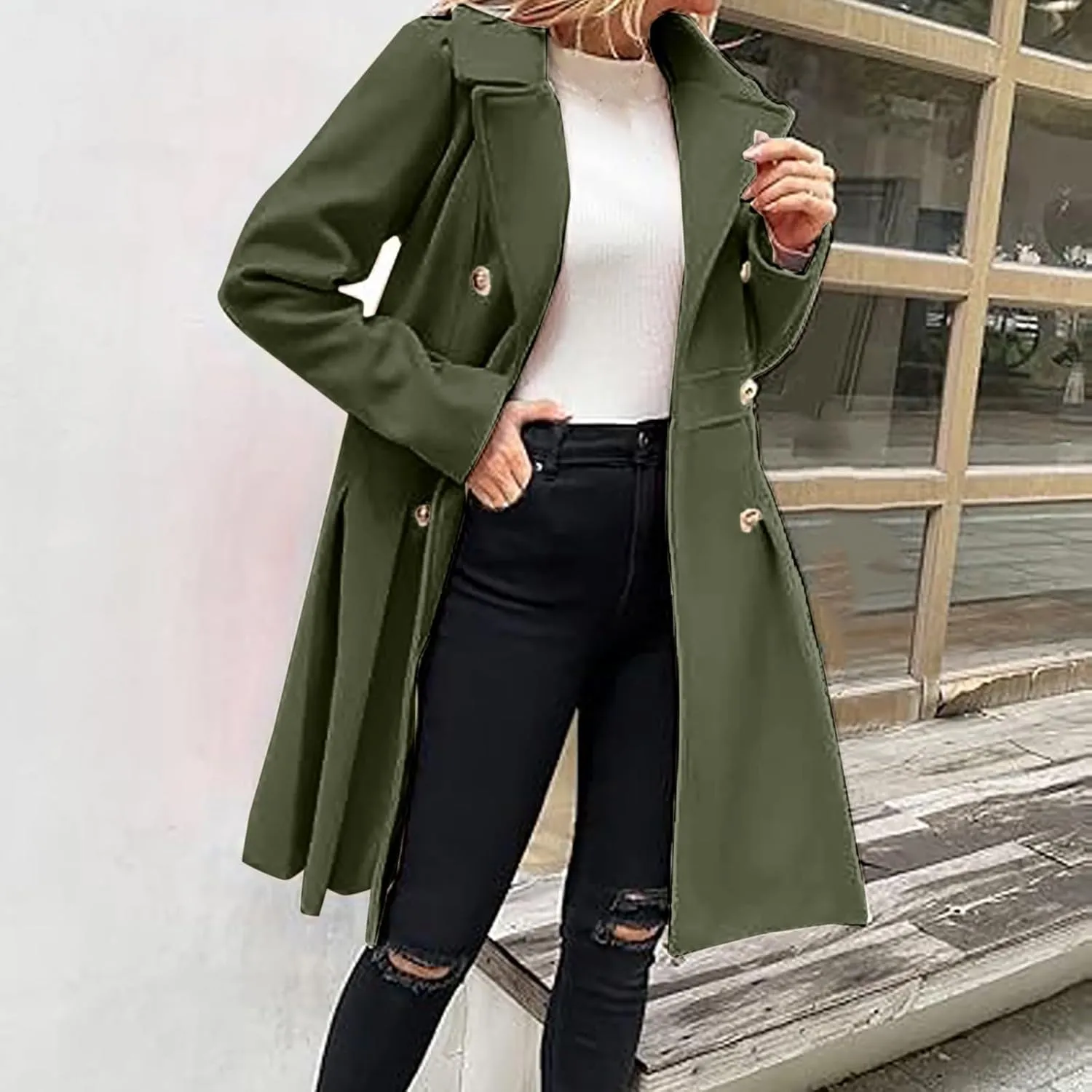 HXHYQKP Winter Coats for Women Breasted Trenchcoats Double Breasted Long Wool Pea Coat Notch Lapel Trench Coat