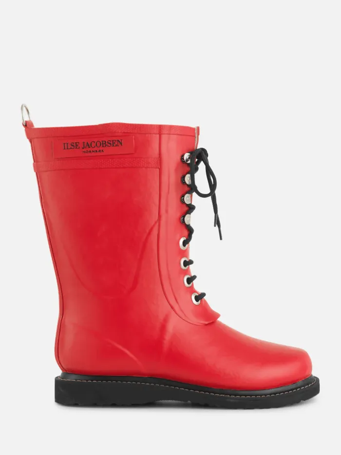Ilse Jacobsen Medium Length Rubber Lace Up Wellington Boots Deep Red RUB15 303
