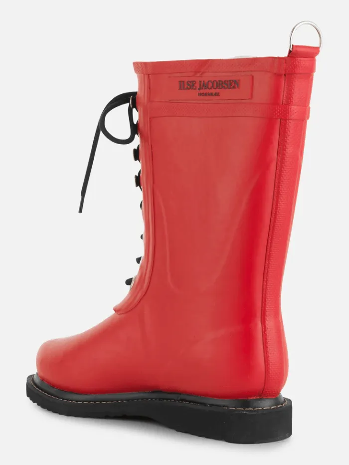 Ilse Jacobsen Medium Length Rubber Lace Up Wellington Boots Deep Red RUB15 303