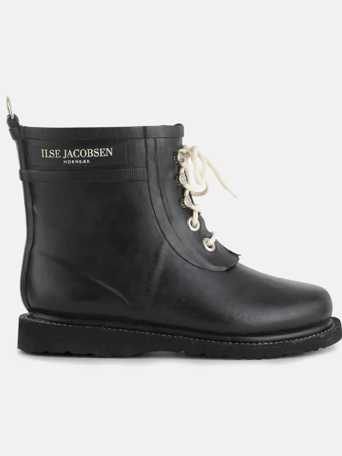 Ilse Jacobsen Short Rubber Lace Up Wellington Boots Black RUB2 001