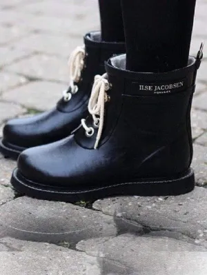 Ilse Jacobsen Short Rubber Lace Up Wellington Boots Black RUB2 001