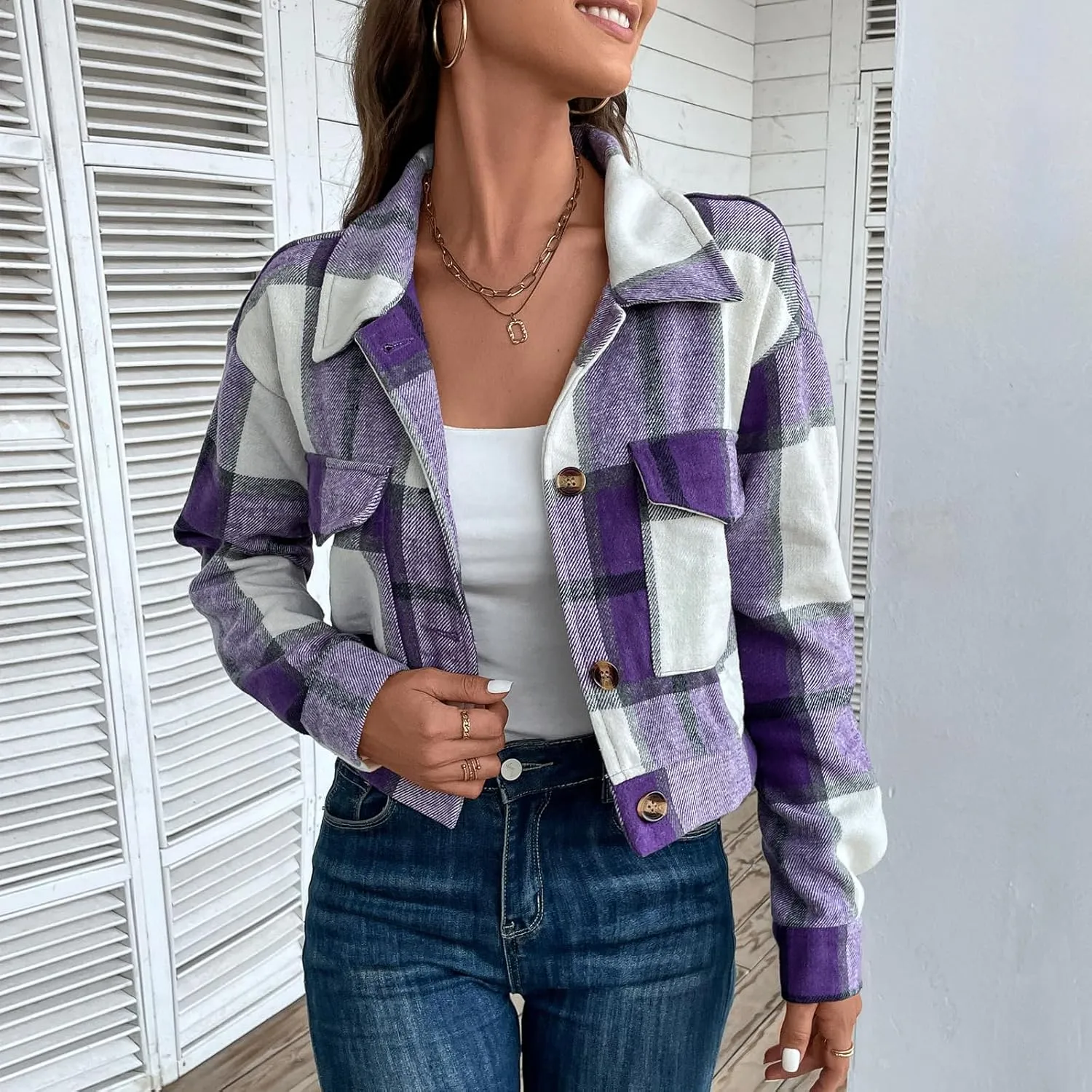 Jade Hare Pea Coat for Women Plaid Shackets Jacket Long Sleeve Peacoat Shirt Casual Lapel Button Down Flannel Trench Coats
