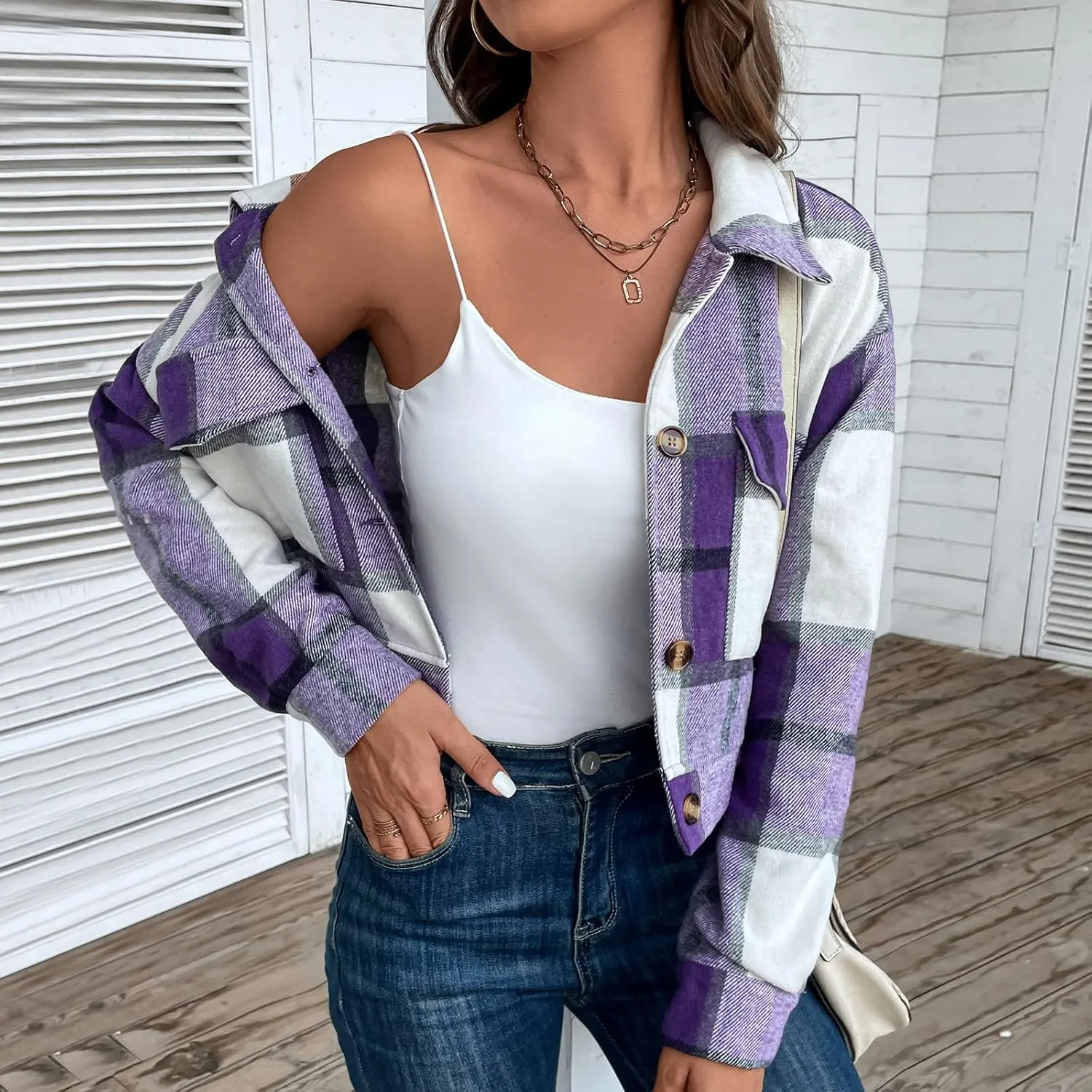 Jade Hare Pea Coat for Women Plaid Shackets Jacket Long Sleeve Peacoat Shirt Casual Lapel Button Down Flannel Trench Coats