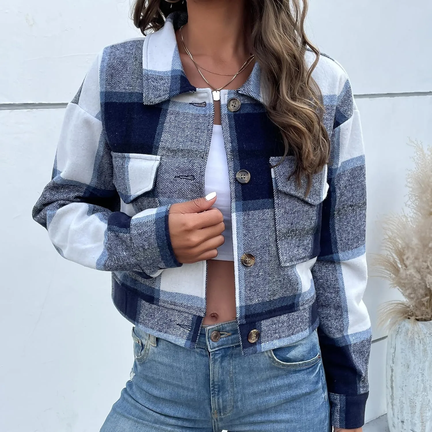 Jade Hare Pea Coat for Women Plaid Shackets Jacket Long Sleeve Peacoat Shirt Casual Lapel Button Down Flannel Trench Coats
