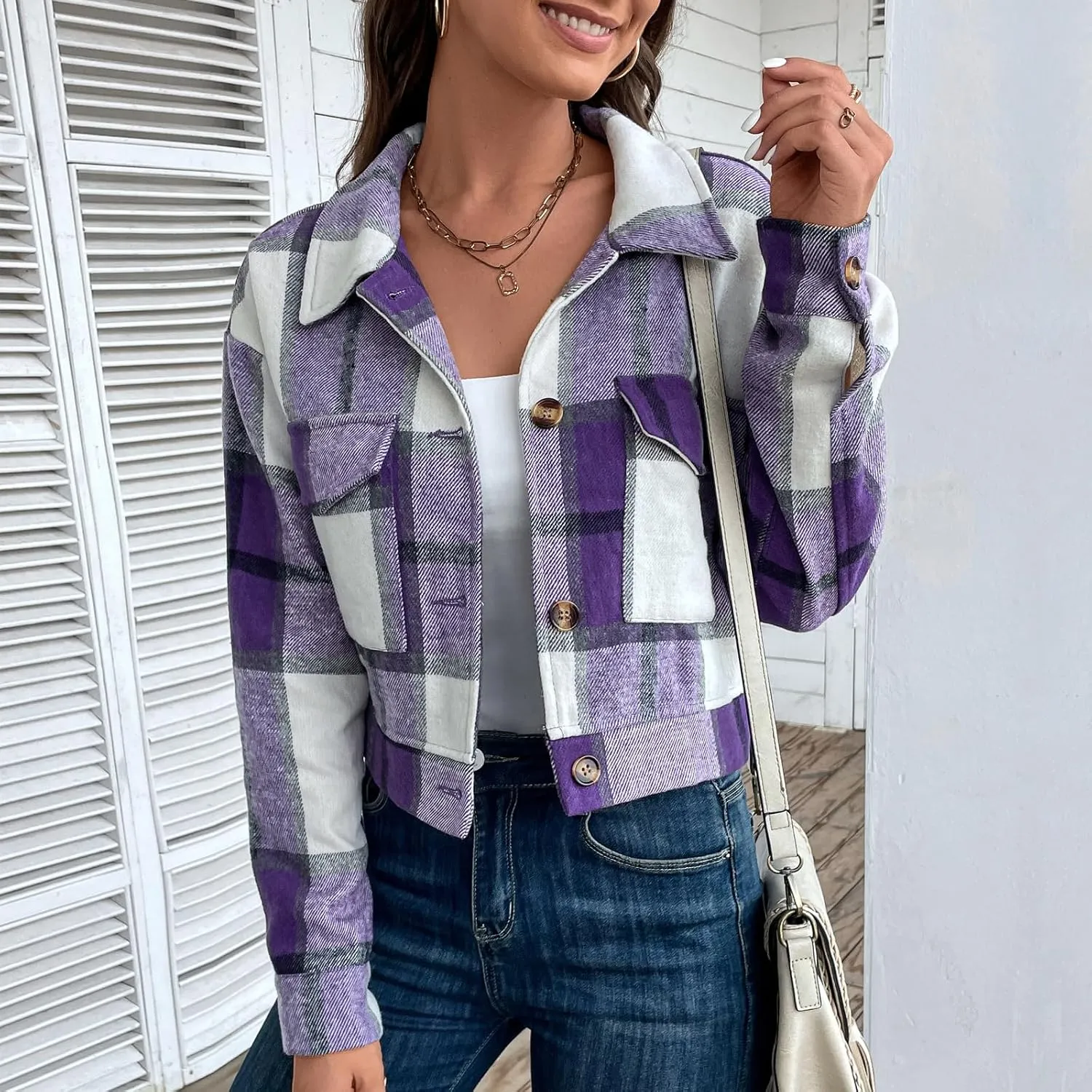 Jade Hare Pea Coat for Women Plaid Shackets Jacket Long Sleeve Peacoat Shirt Casual Lapel Button Down Flannel Trench Coats