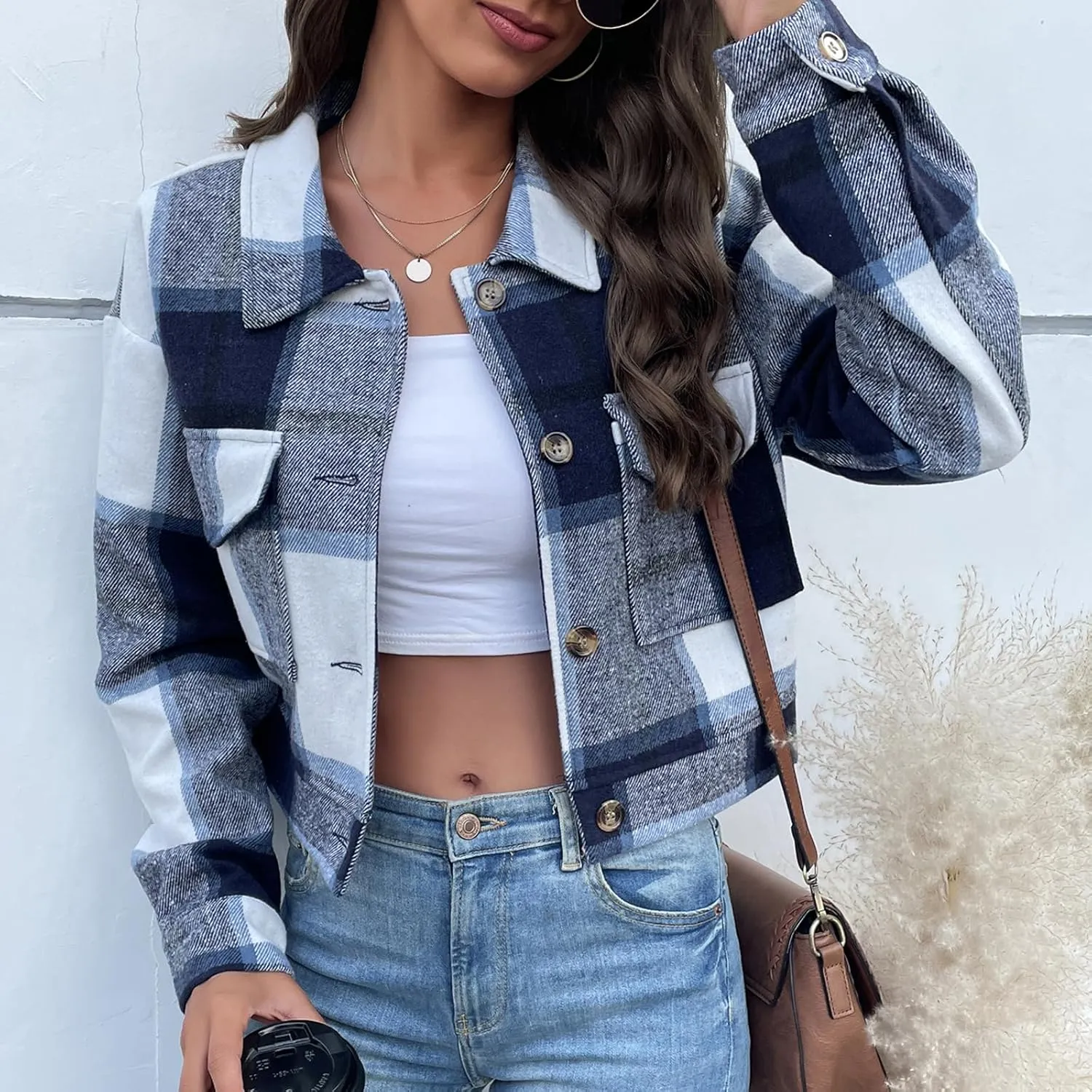 Jade Hare Pea Coat for Women Plaid Shackets Jacket Long Sleeve Peacoat Shirt Casual Lapel Button Down Flannel Trench Coats