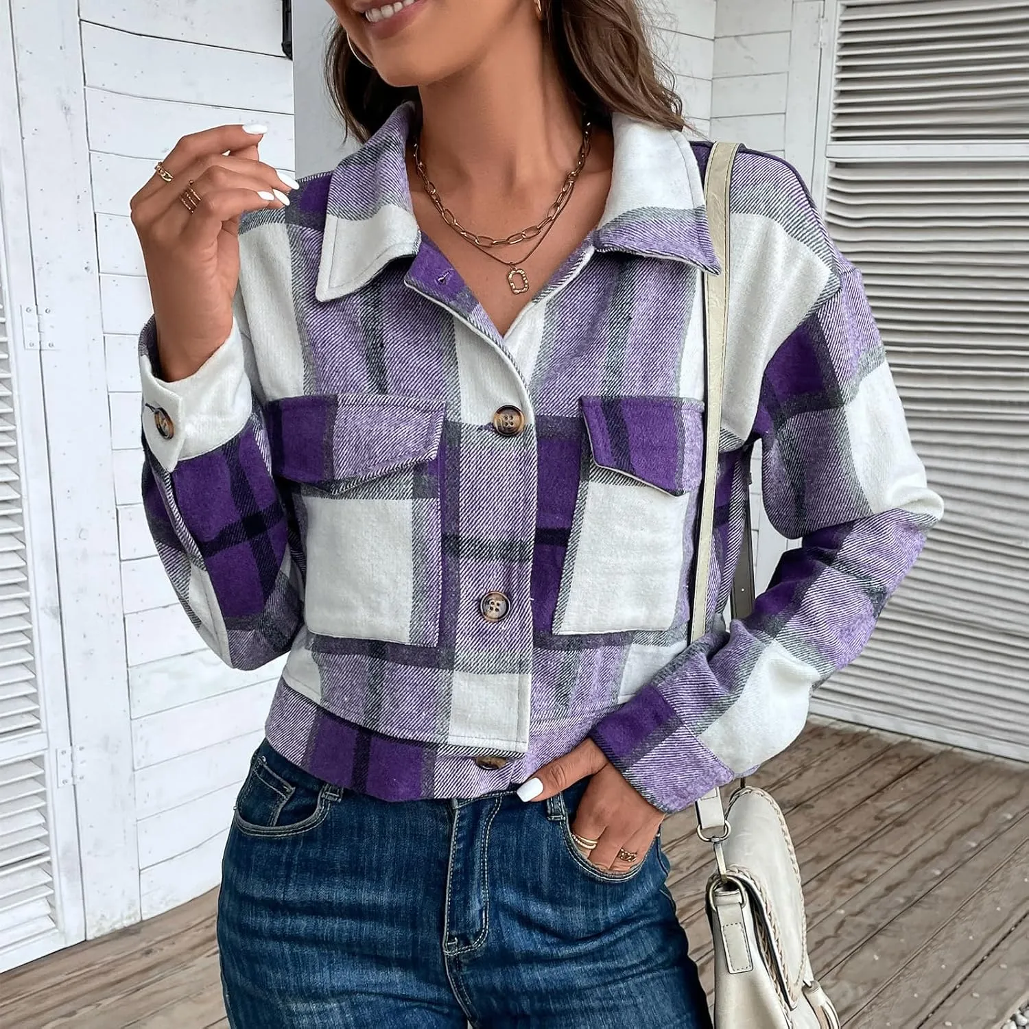 Jade Hare Pea Coat for Women Plaid Shackets Jacket Long Sleeve Peacoat Shirt Casual Lapel Button Down Flannel Trench Coats