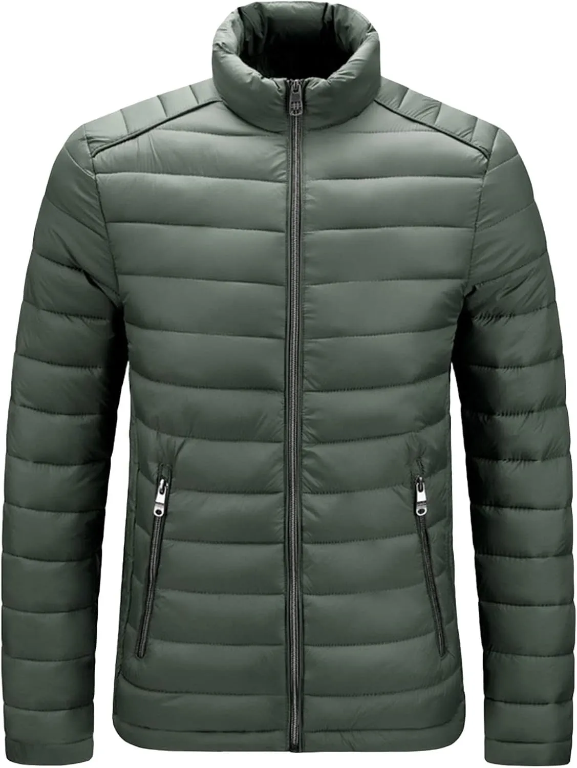 JEShifangjiusu Men Winter Cotton Padded Jacket Casual Stand Collar Hoodless Zipper Pocket Coat Thicken Long Sleeve Coats, Army Green, Medium