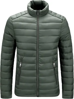 JEShifangjiusu Men Winter Cotton Padded Jacket Casual Stand Collar Hoodless Zipper Pocket Coat Thicken Long Sleeve Coats, Army Green, Medium