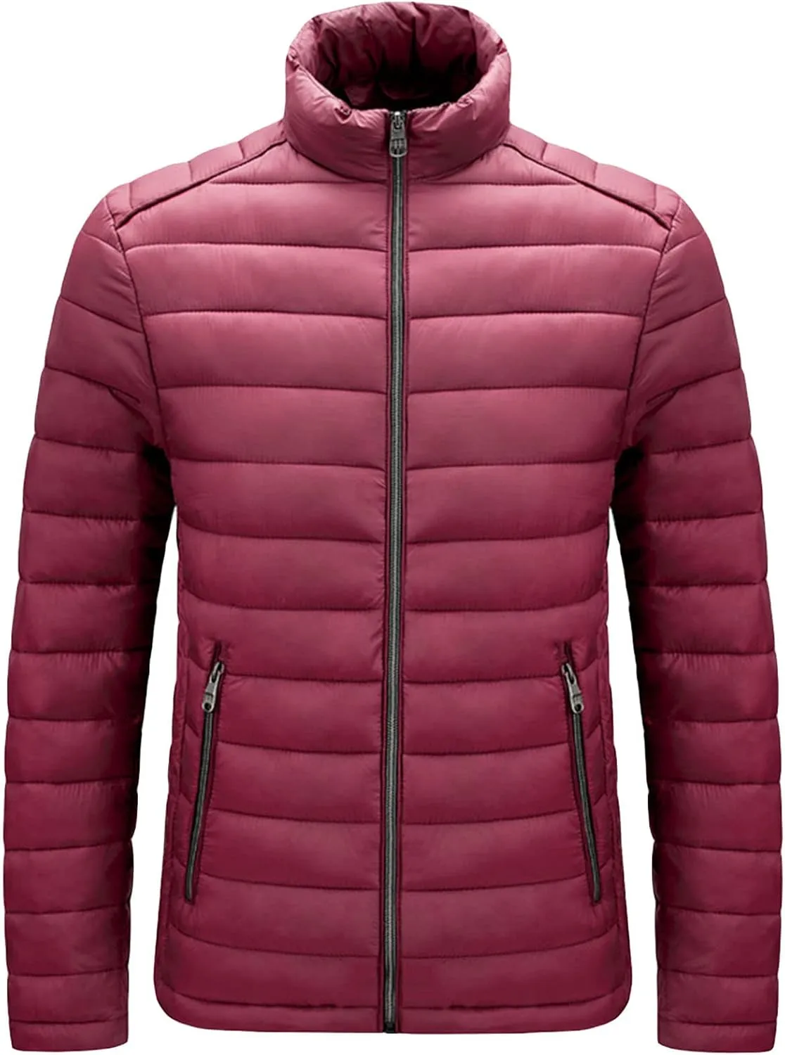 JEShifangjiusu Men Winter Cotton Padded Jacket Casual Stand Collar Hoodless Zipper Pocket Coat Thicken Long Sleeve Coats, Wine Red, XX-Large