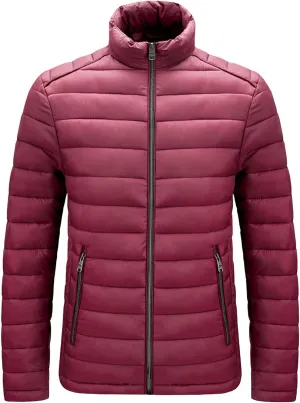 JEShifangjiusu Men Winter Cotton Padded Jacket Casual Stand Collar Hoodless Zipper Pocket Coat Thicken Long Sleeve Coats, Wine Red, XX-Large