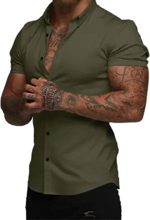 JMIERR Men's Muscle Fit Dress Shirts Summer Casual Button Down Short Sleeve High Stretch Wrinkle-Free Shirt