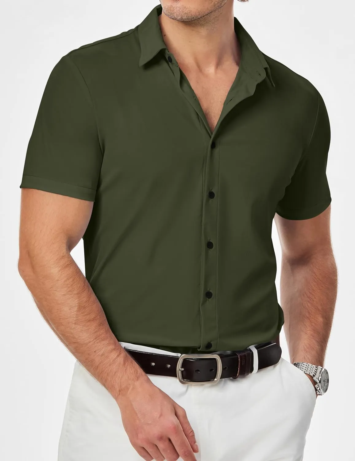 JMIERR Men's Muscle Fit Dress Shirts Summer Casual Button Down Short Sleeve High Stretch Wrinkle-Free Shirt