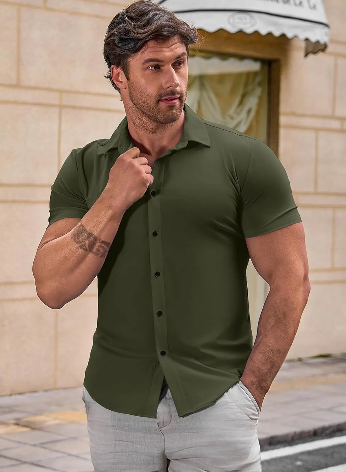 JMIERR Men's Muscle Fit Dress Shirts Summer Casual Button Down Short Sleeve High Stretch Wrinkle-Free Shirt