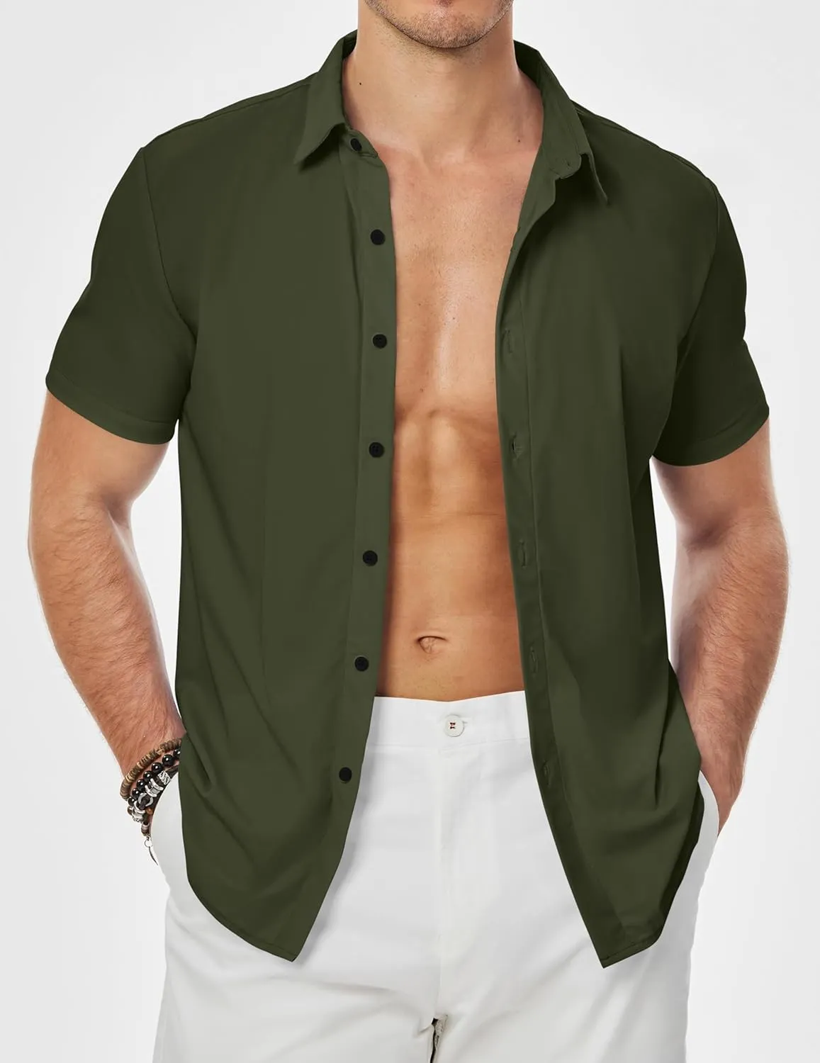 JMIERR Men's Muscle Fit Dress Shirts Summer Casual Button Down Short Sleeve High Stretch Wrinkle-Free Shirt