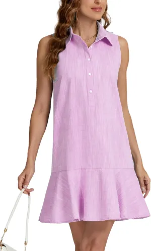 Kedera Women's Tunic Shirt Mini Dress Cotton Linen Shirt Dress Button Up Ruffle Hem Shift Dresses