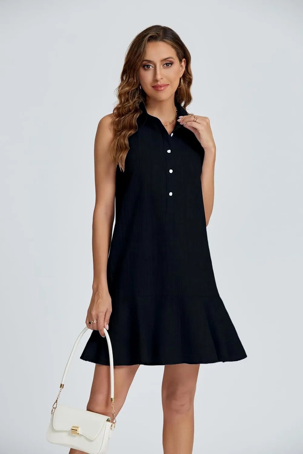 Kedera Women's Tunic Shirt Mini Dress Cotton Linen Shirt Dress Button Up Ruffle Hem Shift Dresses