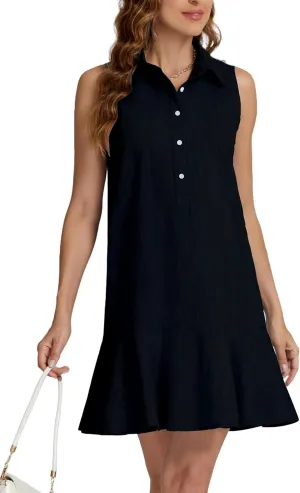 Kedera Women's Tunic Shirt Mini Dress Cotton Linen Shirt Dress Button Up Ruffle Hem Shift Dresses