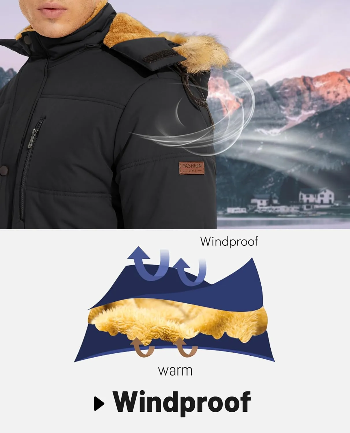 KEFITEVD Mens Winter Coats Fleece Lined Winter Jackets for Men Windproof Water Resistant Parka Snow Ski Coat