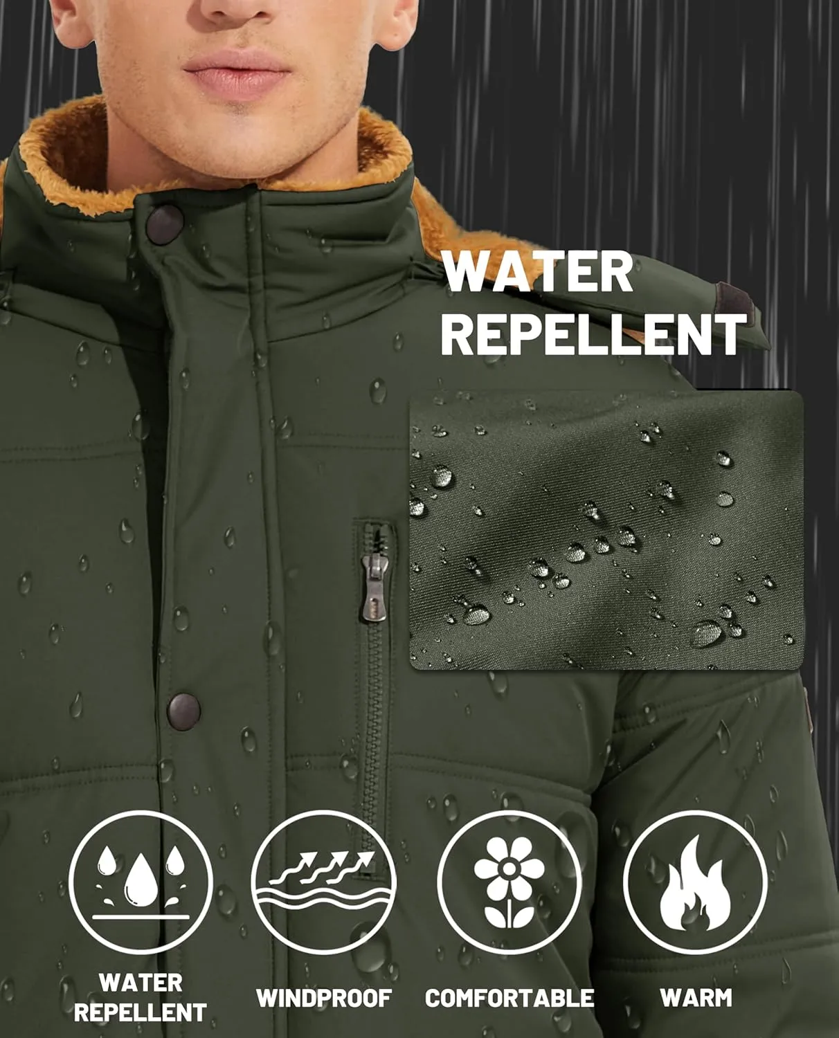 KEFITEVD Mens Winter Coats Fleece Lined Winter Jackets for Men Windproof Water Resistant Parka Snow Ski Coat