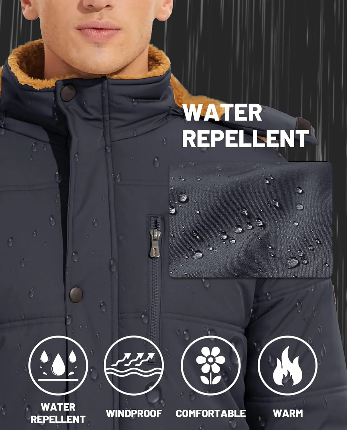 KEFITEVD Mens Winter Coats Fleece Lined Winter Jackets for Men Windproof Water Resistant Parka Snow Ski Coat