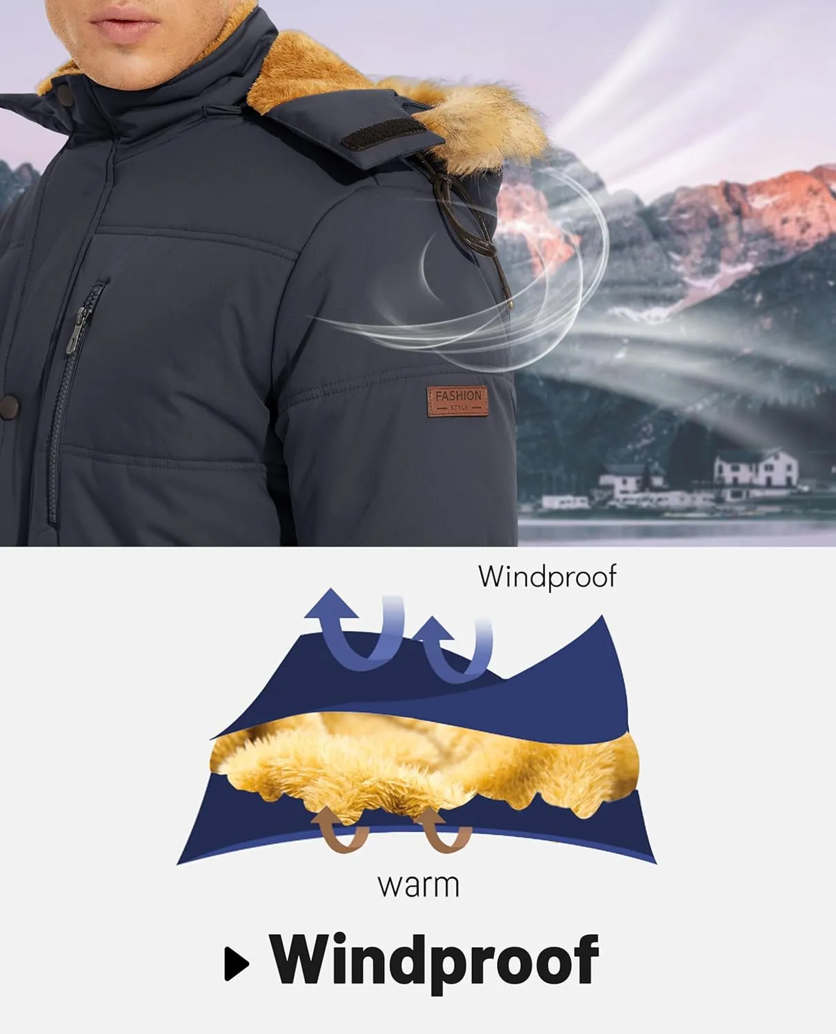 KEFITEVD Mens Winter Coats Fleece Lined Winter Jackets for Men Windproof Water Resistant Parka Snow Ski Coat