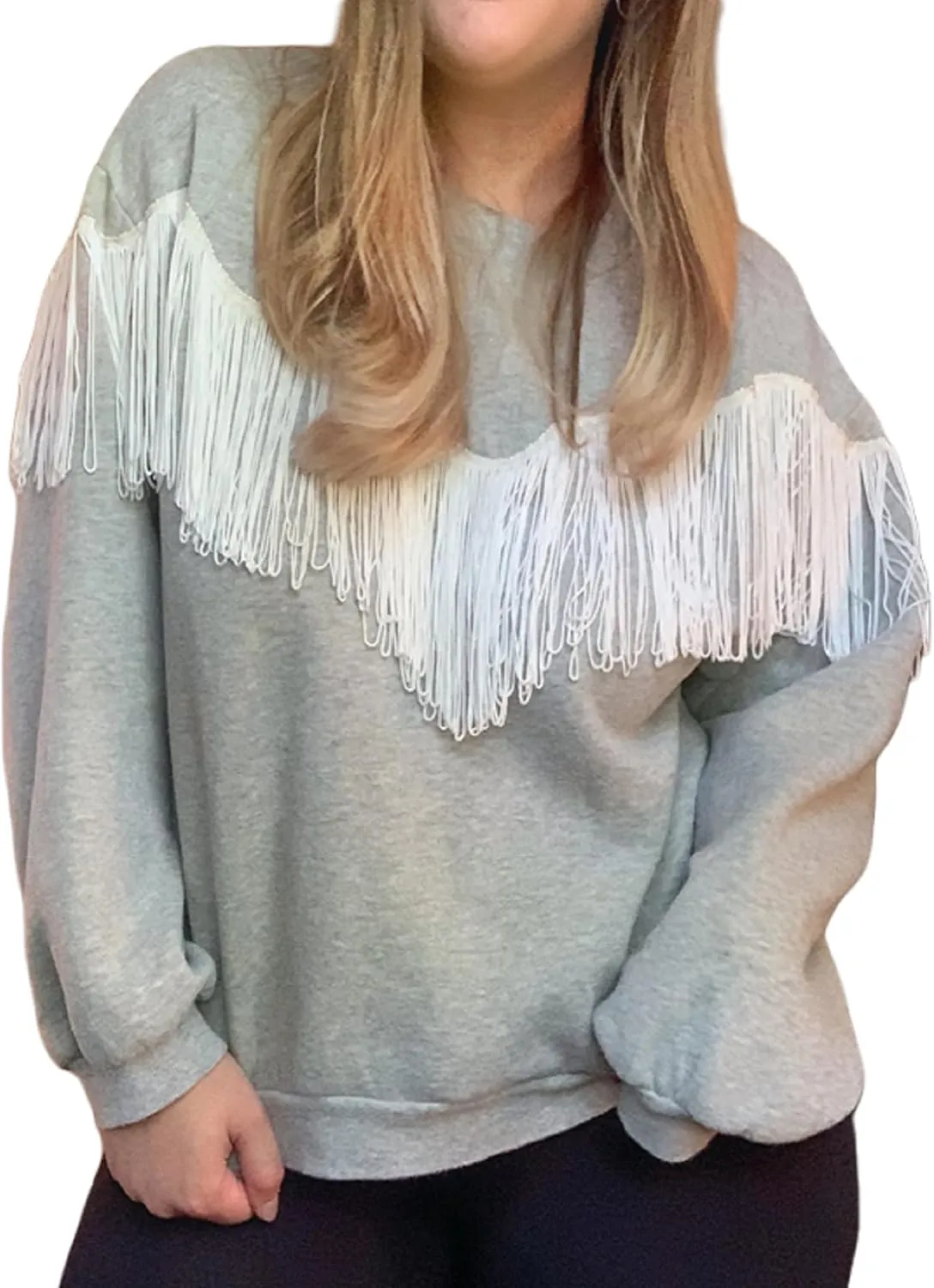 KMBANGI Women Oversized Tassel Sweatshirt Fringe Trim Long Sleeve Crewneck Pullover Top Fall Fashion Casual Loose Shirts