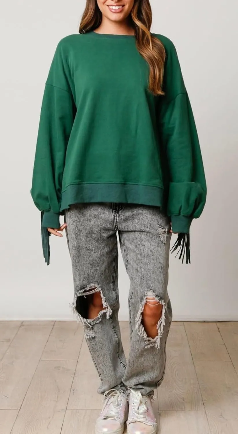 KMBANGI Women Oversized Tassel Sweatshirt Fringe Trim Long Sleeve Crewneck Pullover Top Fall Fashion Casual Loose Shirts