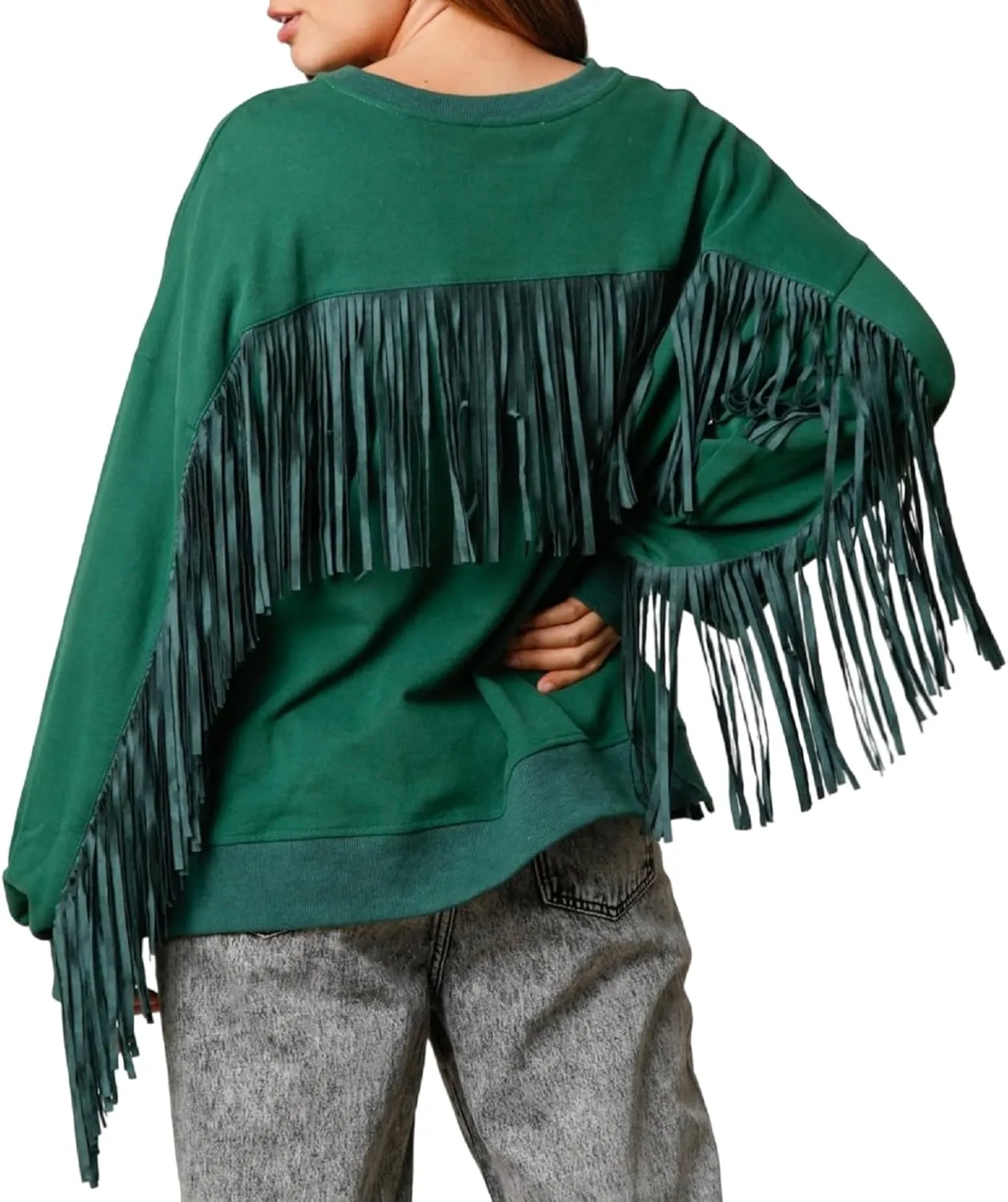 KMBANGI Women Oversized Tassel Sweatshirt Fringe Trim Long Sleeve Crewneck Pullover Top Fall Fashion Casual Loose Shirts