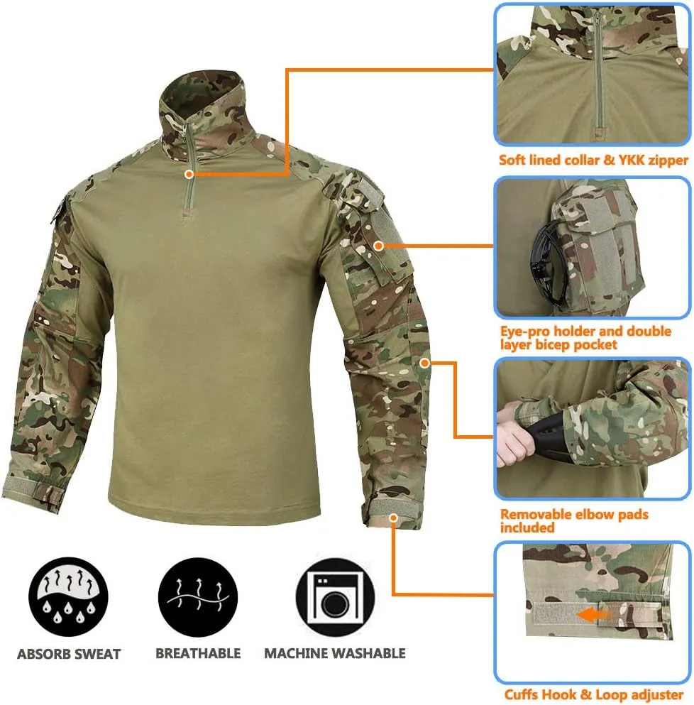 KRYDEX Tactical Men's Combat Shirt Rapid Assault Long Sleeve Shirt with Elbow Pads
