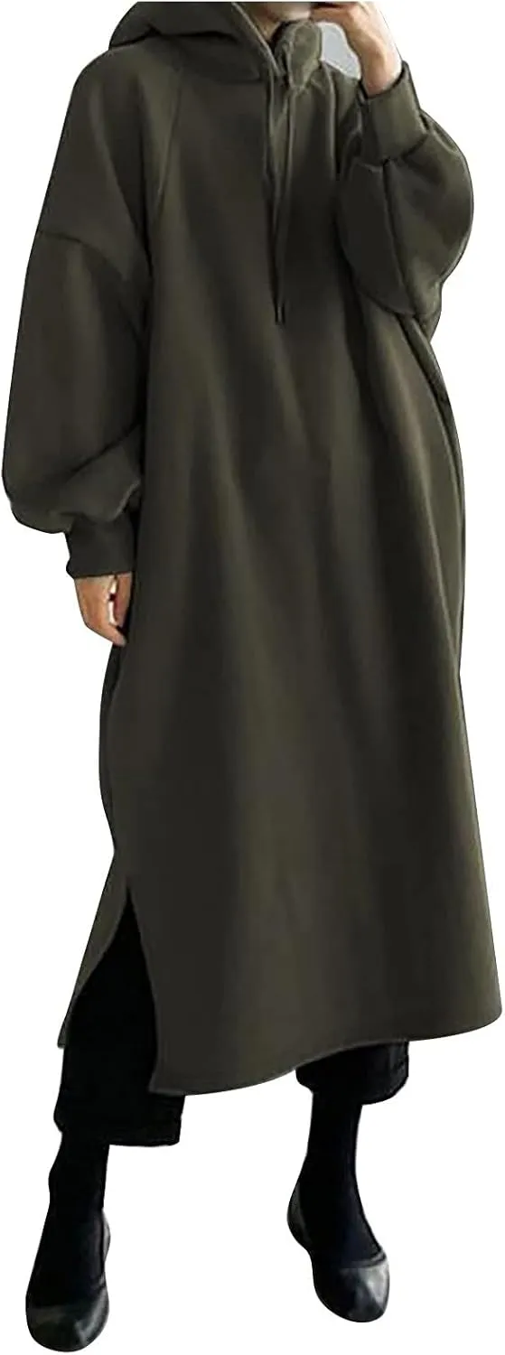 Kubbon Women's Pullover Hoodie Fleece Hooded Sweatshirt Maxi Dress Baggy Loose Long Sleeve Tops Plus Size Business Shirts