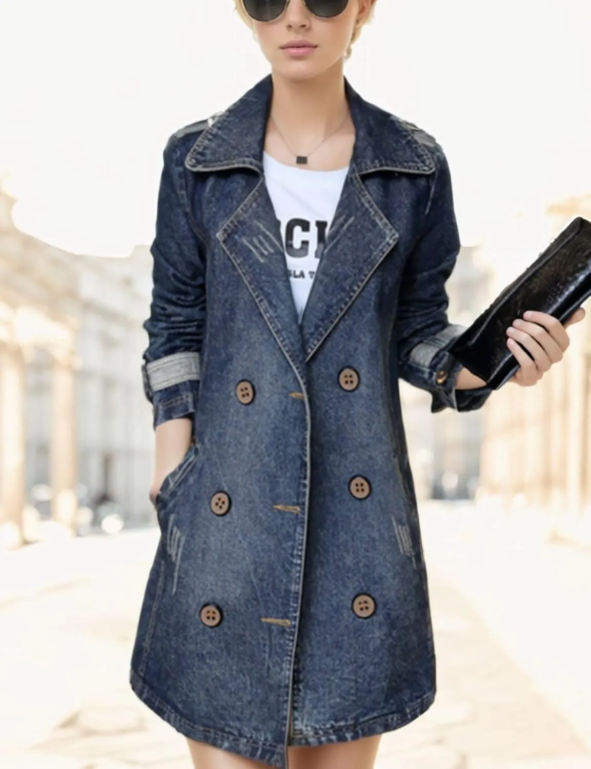Kwoki Women's Mid Long Denim Trench Coat Casual Slim Double Breasted Distressed Ripped Jean Jacket with Pockets