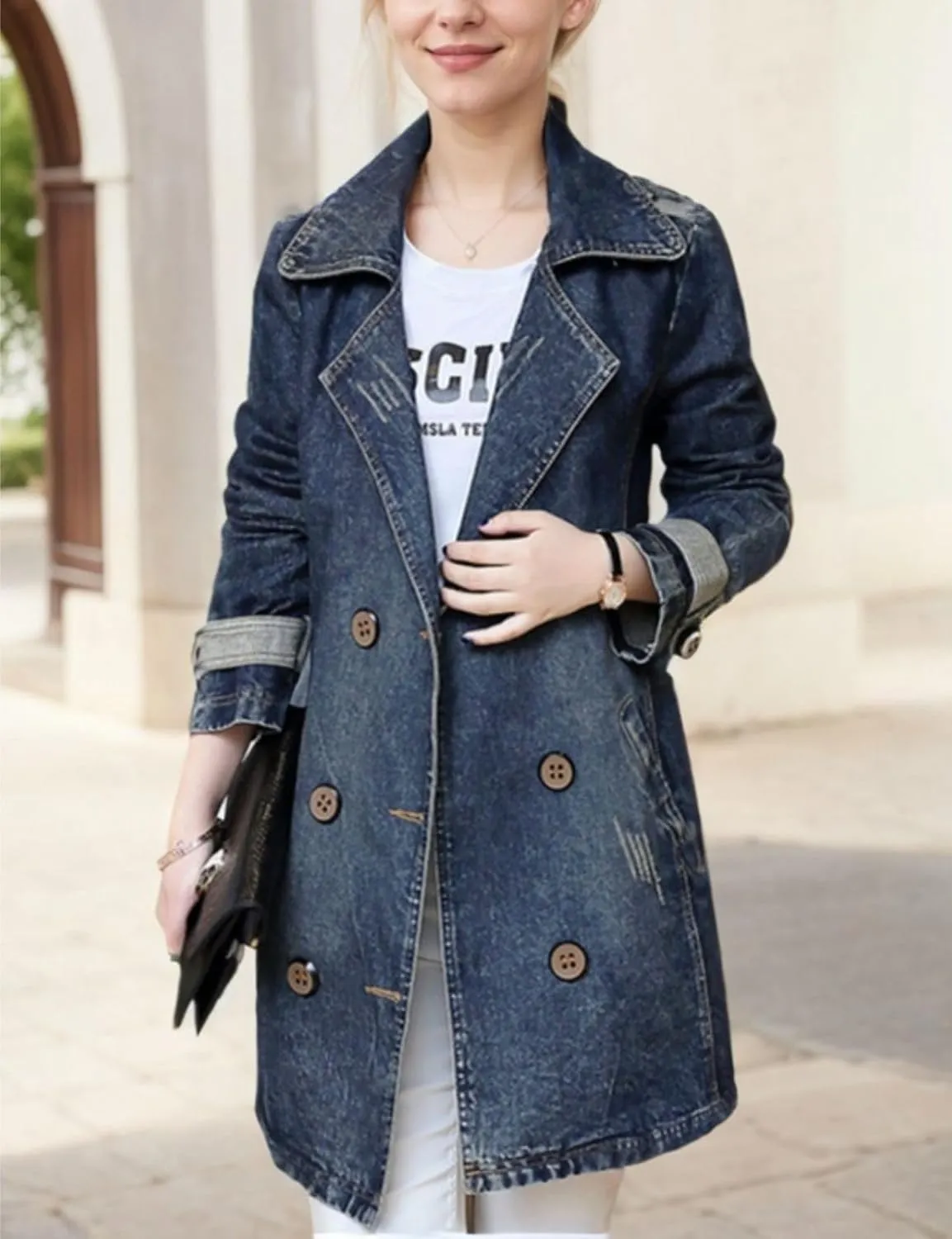 Kwoki Women's Mid Long Denim Trench Coat Casual Slim Double Breasted Distressed Ripped Jean Jacket with Pockets