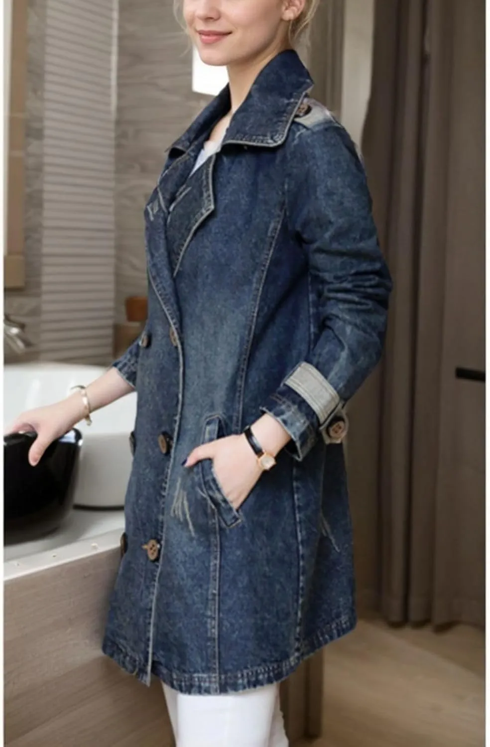 Kwoki Women's Mid Long Denim Trench Coat Casual Slim Double Breasted Distressed Ripped Jean Jacket with Pockets