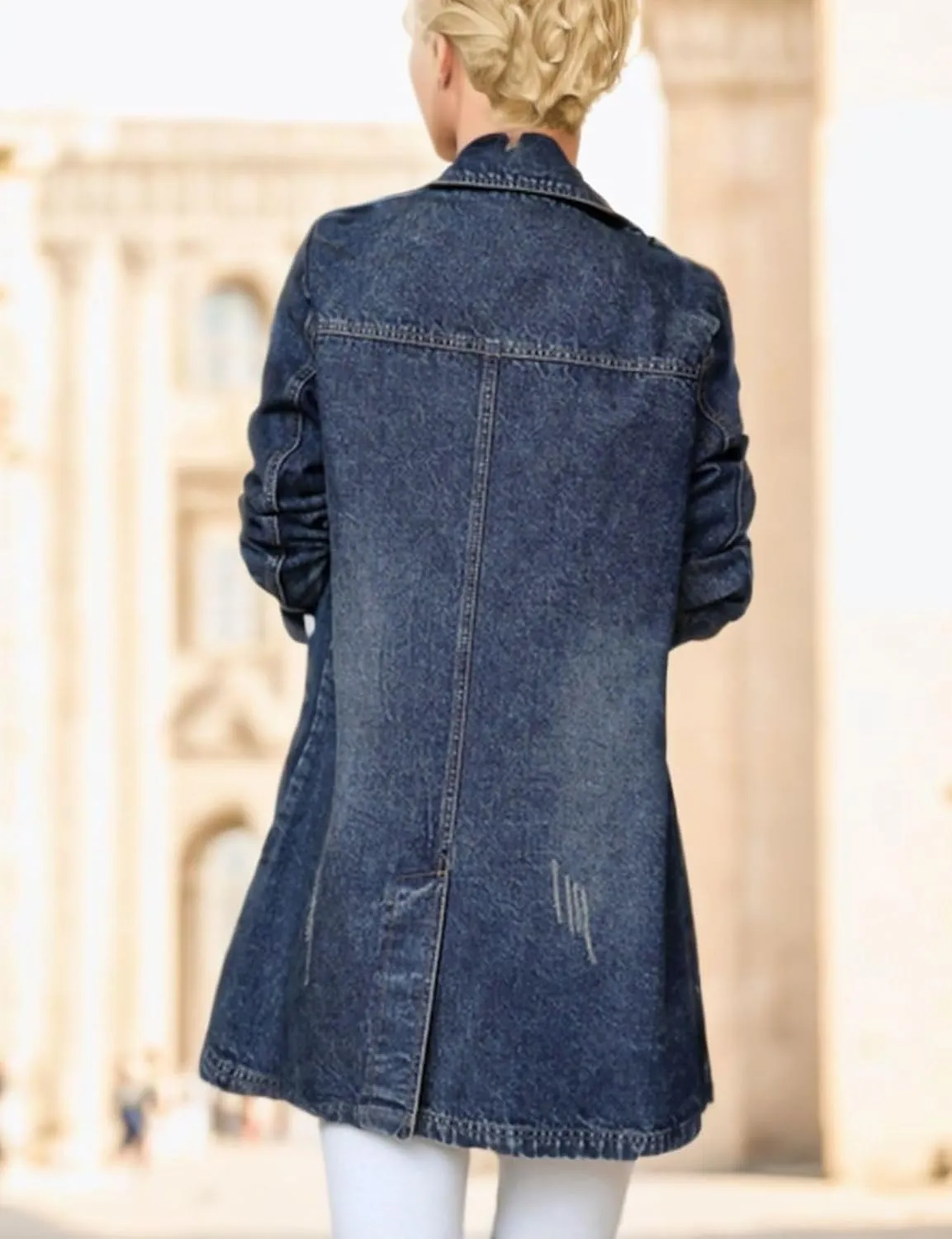 Kwoki Women's Mid Long Denim Trench Coat Casual Slim Double Breasted Distressed Ripped Jean Jacket with Pockets