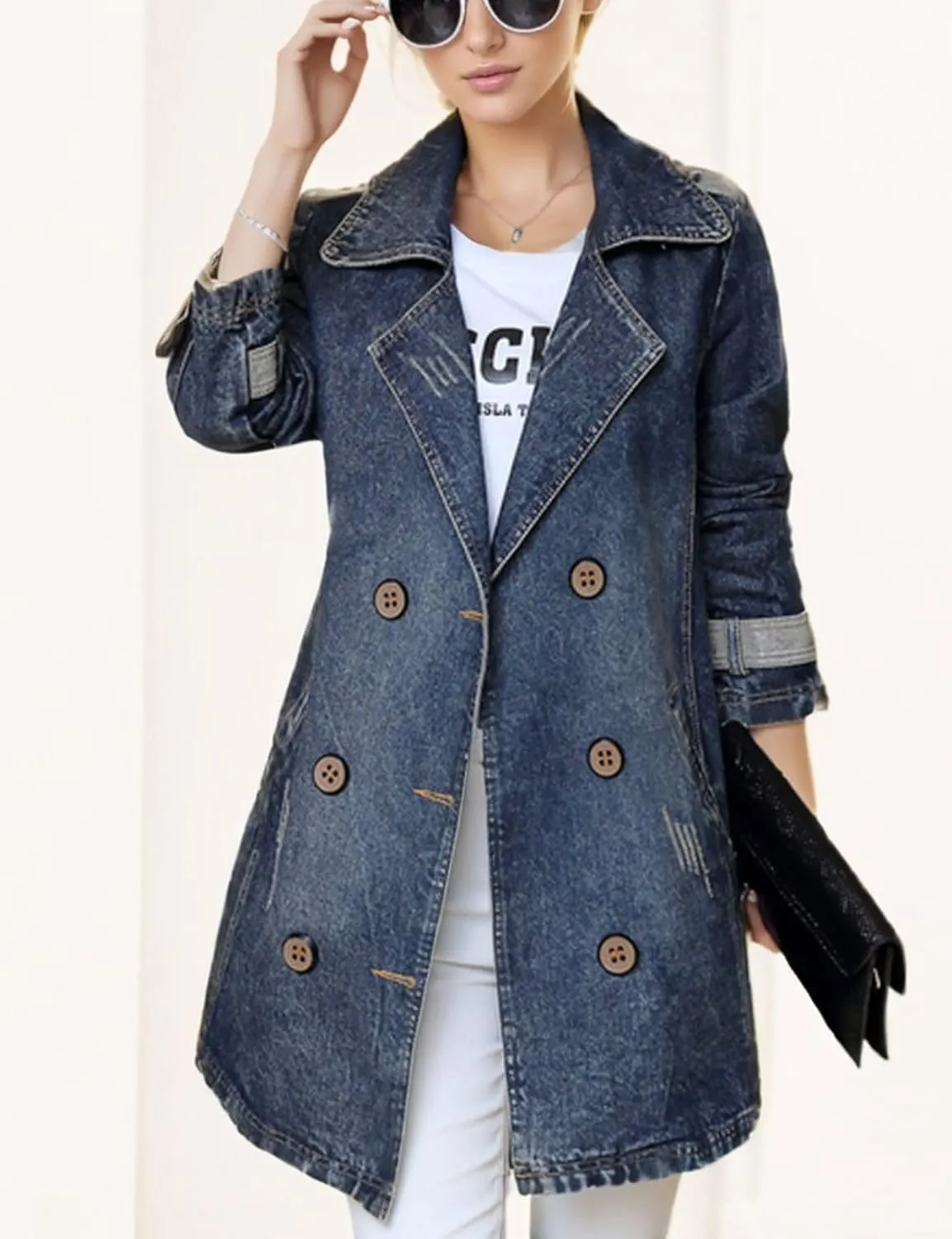 Kwoki Women's Mid Long Denim Trench Coat Casual Slim Double Breasted Distressed Ripped Jean Jacket with Pockets