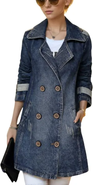 Kwoki Women's Mid Long Denim Trench Coat Casual Slim Double Breasted Distressed Ripped Jean Jacket with Pockets