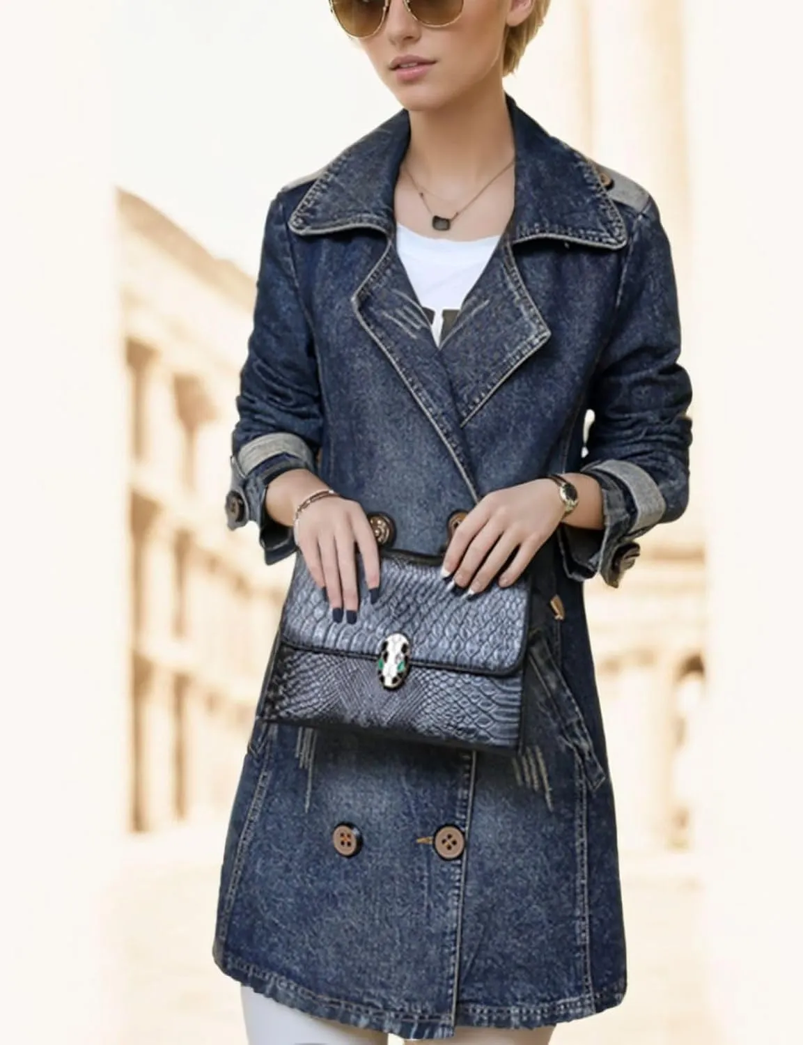Kwoki Women's Mid Long Denim Trench Coat Casual Slim Double Breasted Distressed Ripped Jean Jacket with Pockets